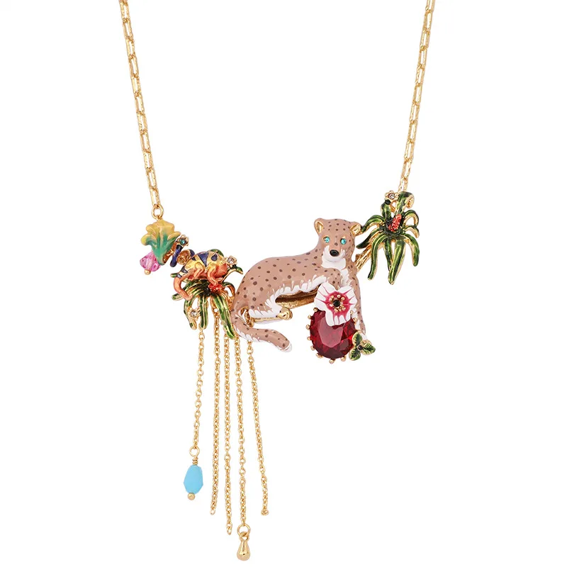 

European and American accessories jewelry clavicle chain leopard ruby tassel flower gold-plated necklace
