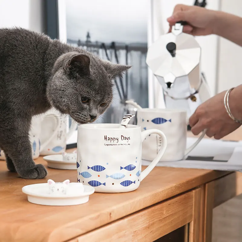 

Free Shipping & Cute Cat Cup Coffee Tea Milk Unique design with cover spoon Home Office Fancy Gift