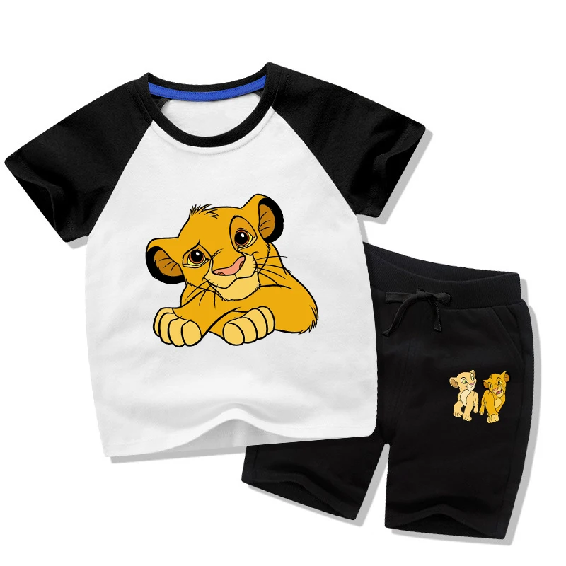 

2021 Summer Cartoon Lion King Print Kids T-Shirts Funny Animal Children Baby Boys T shirt+Shorts Pants Cute Girls Tops Clothes