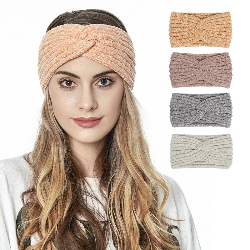 

Soft Woolen Knitted Headband Chenille Hairband Twist Elastic Hair Bands Crochet Cross Ear Warmer Solid Color Hair Accessories