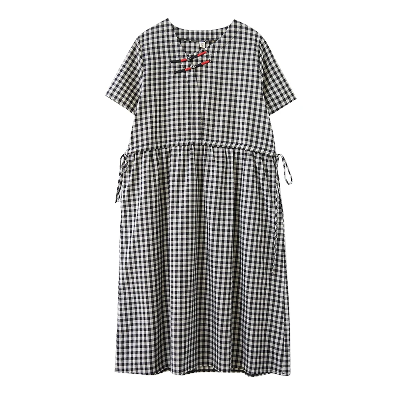 

Artistic Retro Buckle Stitching Cotton and Linen Short-Sleeved Dress Summer Loose Casual Waist Tight Drawstring Slimming Midi