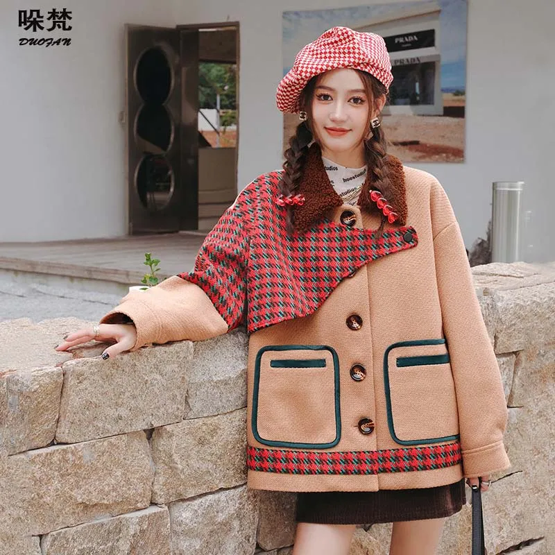 

DUOFAN Women's Autumn Jacket Preppy Style Bird Lattice Splice Turn-down Collar Woman Clothes Office Lady Loose Windbreaker Coat