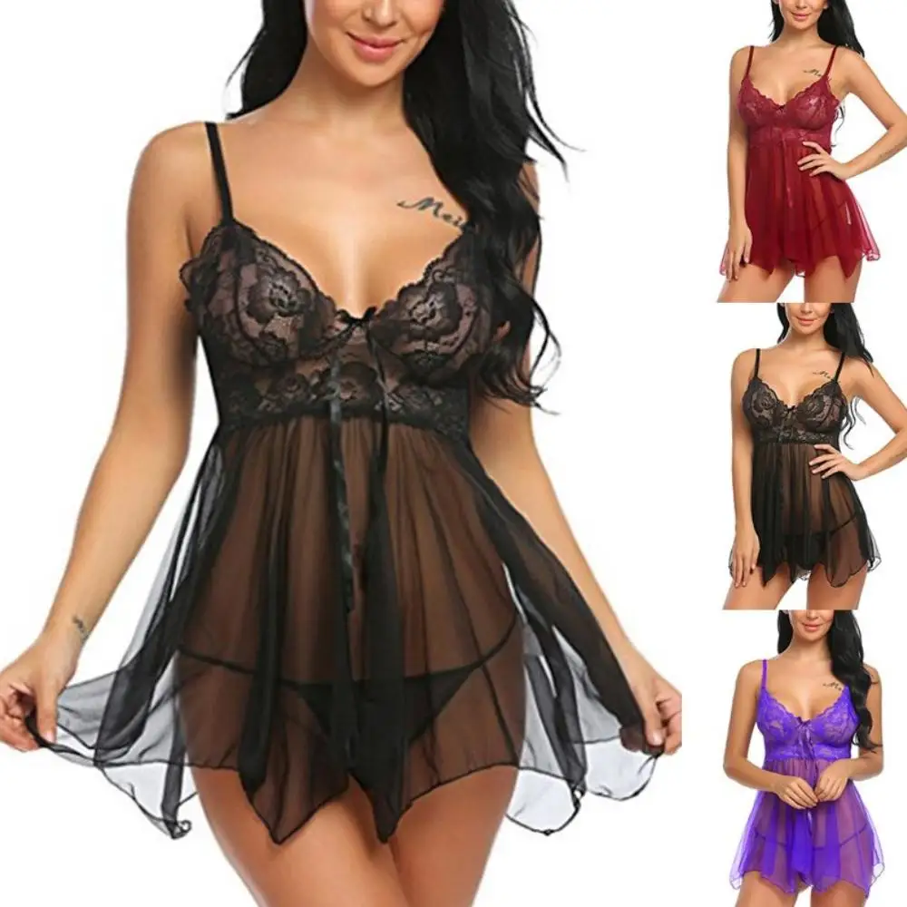 

Women Sexy Lace Lingerie Babydoll Dress See Through Exotic Set Underwears Sleepwear