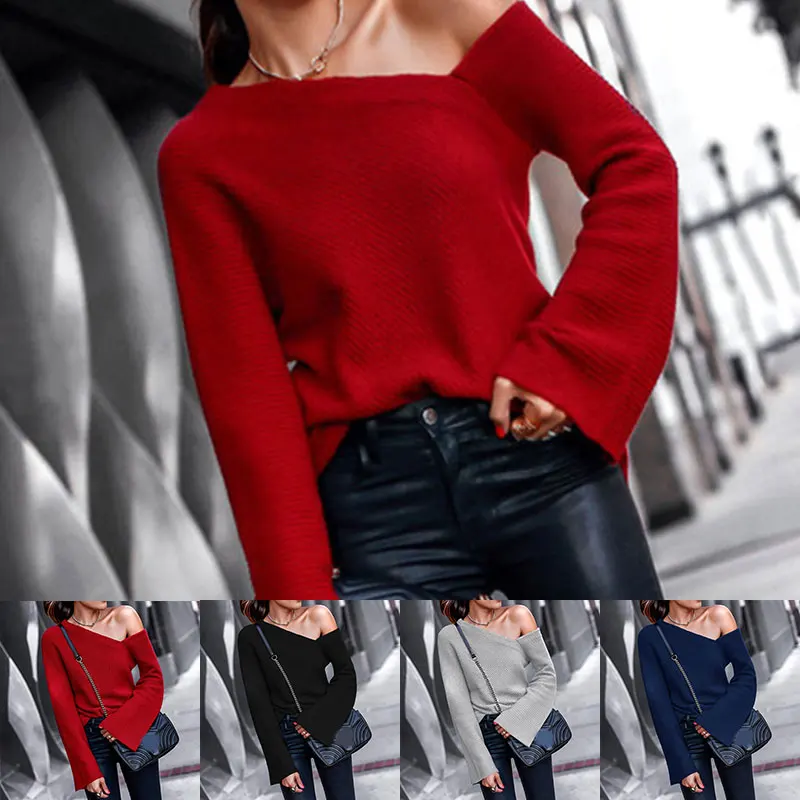 

New Fashion Sexy Knitted Sweater Pullovers Long Sleeve Off Shoulder Solid Color Jumper Tops Autumn Winter Women Casual Clothes