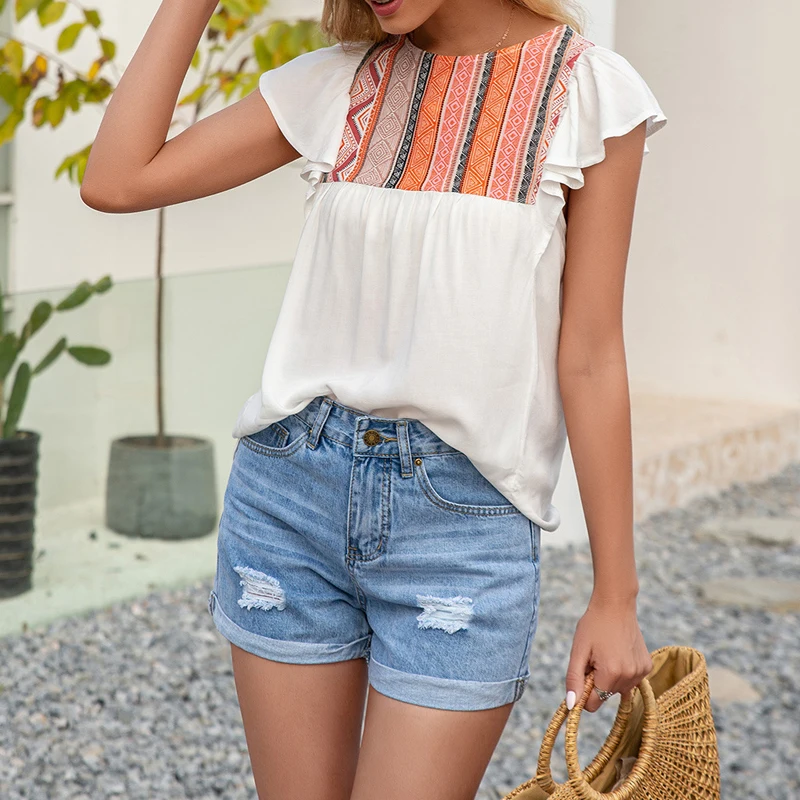 

Ethnic Style 2021 Summer Boho Print Tees Women Fashion Clothes Casual Short Sleeve Tops Femme T-shirt Ruffle Patchwork O Neck