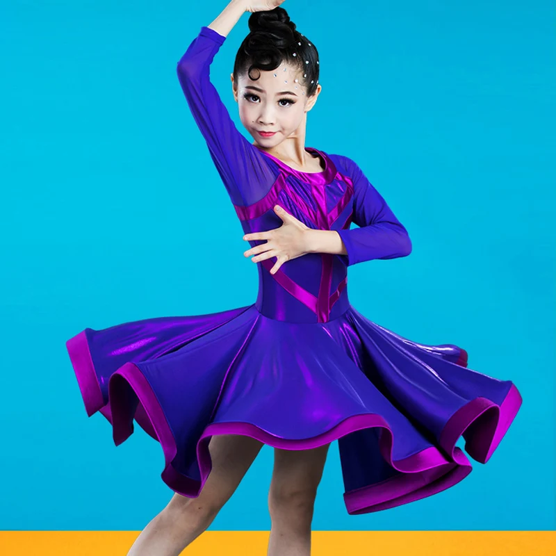 

New Girls Latin Dance Dress Children Ballroom Cha Cha Competition Costume Kids Long Sleeved Bright Satin Dance Clothing DWY2308