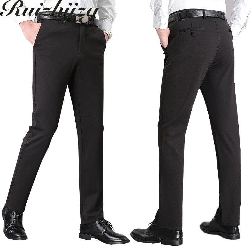 

Ruizhijzg Business Trousers Stretch Men Long Pant with pockets Office Work Formal Casual Slim Straight Summer Thin style
