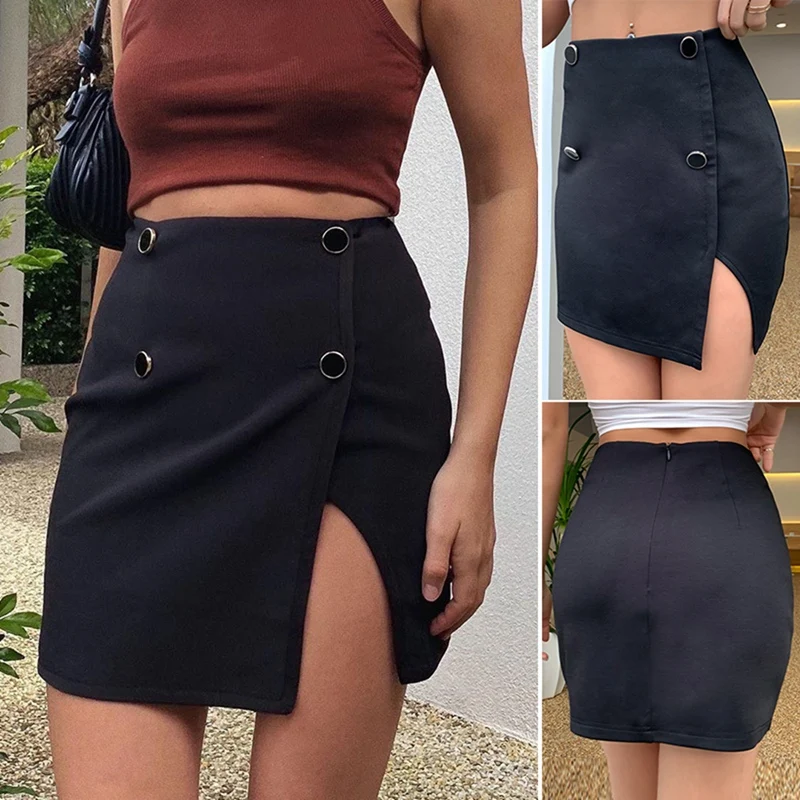 

Hot kf-Women Pure Color Buttons Hierarchical Decorative Short Skirt Stitching Side Slit High Waist Skirt Black