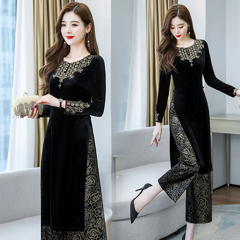 2021 aodai Улучшенный вьетнамский Чонсам стиль набор с китайской вышивкой