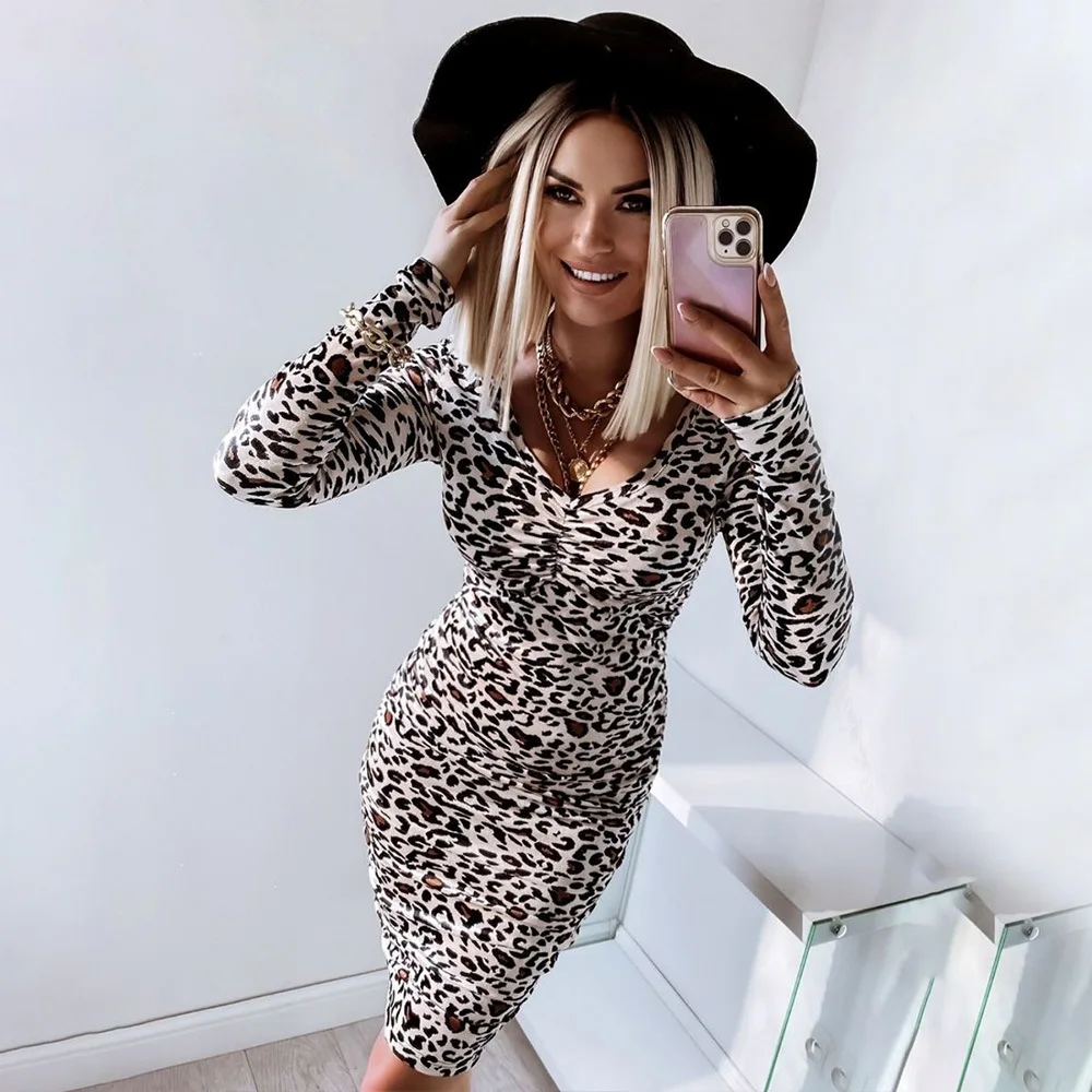 

Леопардовое платье для женщин с принтом, длинными рукавами и круглым вырезом сексуальное обтягивающее платье с v-образным вырезом и длинным...