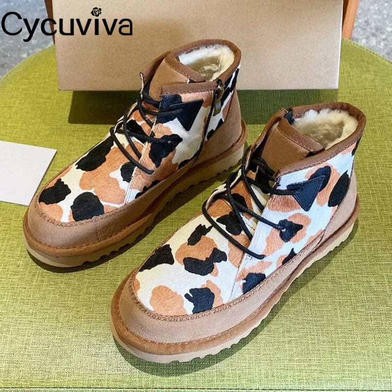 

New Leopard Wool Ankle Snow Boots For Women Thick Sole Suede Bread Winter Fur Shoes Lace Up Platfrom Short Boots Non-slip Boots