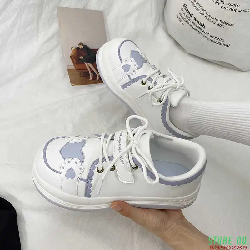 Kawaii Shoes Women Sneakers White Round Head Platform Causal  Sports Student Cute Pink Girl Lolita Fashion Flats 2021 Spring
