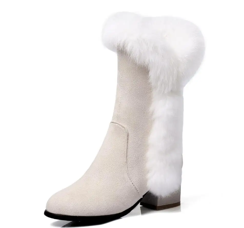 

2021 New Winter Women Snow Boots Warm Antieskid Mid Calf Boots Square heel Slip On Casual Women Flock Rabbit hair Shoes