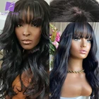 Парик из Длинных Волнистых человеческих волос с челкой, бразильский парик с неповрежденной кутикулой, парики без клея, плотность 200% для черных женщин, Луффи