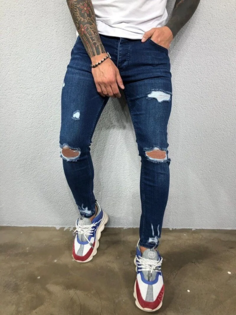 Men Jeans Autumn Pierced Elastic Fashion Ripped Jeans for Men Trend Hole Pencil Pants Solid Color Denim Pants Boyfriend Jeans