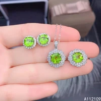 fine jewelry 925 pure silver inset with natural gem womens luxury classic round peridot pendant ring earring set support detect