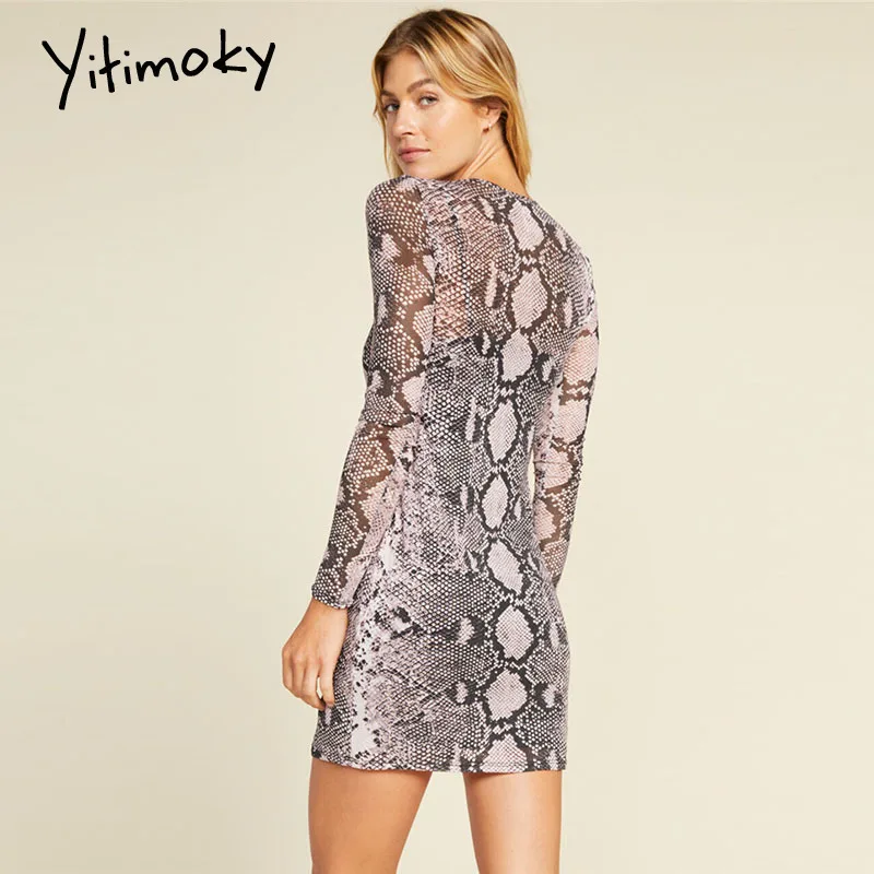 Змеиный принт облегающее платье с длинным рукавом сексуальное мини размера плюс
