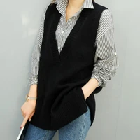 2021 spring and autumn new korean version of loose and versatile knitted vest womens outer v neck vest mid length vest sweater