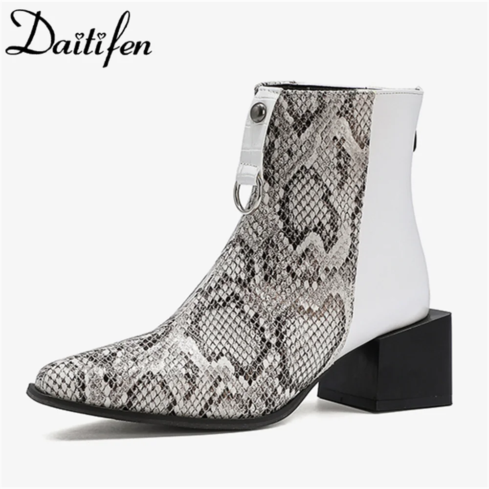 

Brangdy Women Fashion Snake Printing Shoes British Style Sexy Pointed Toe Mixed Colors Boots Office Lady Square Heels Boots