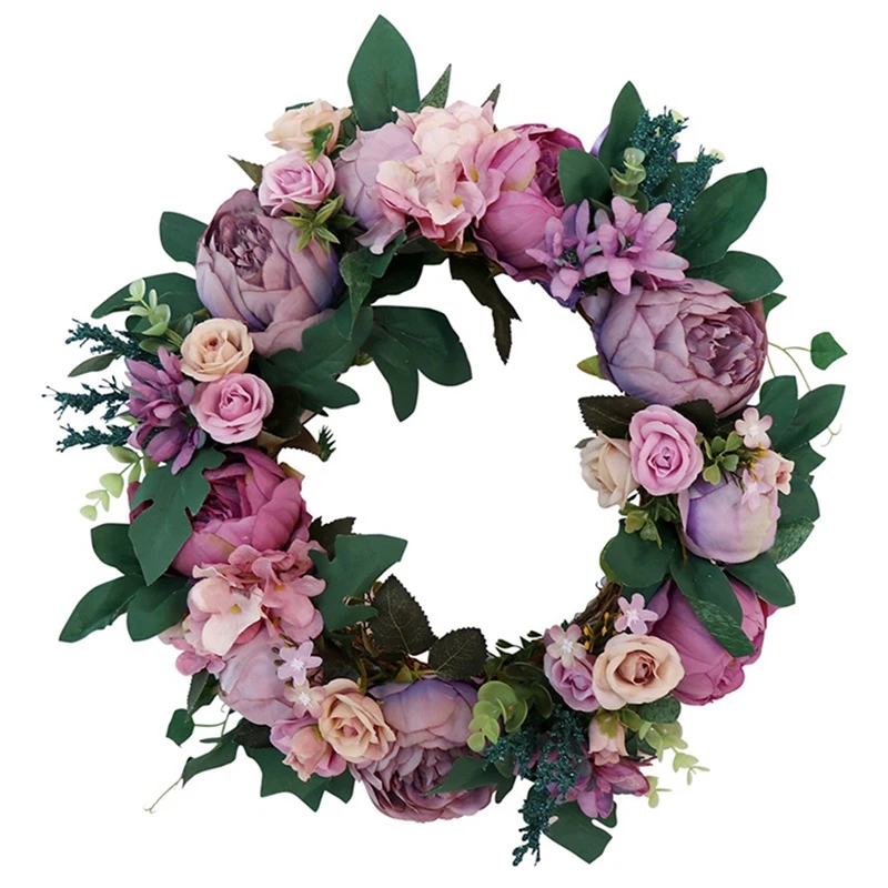 

Artificial Flowers Peony Wreath With Green Leaves, For Front Door Living Room Wall Window Garden Wedding Festival Decor