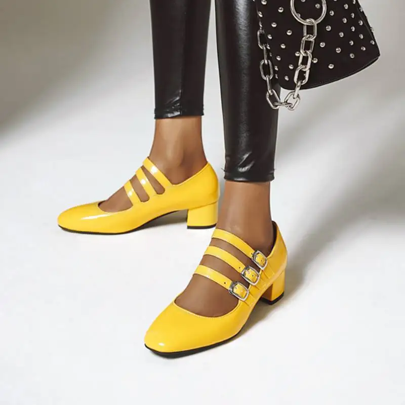 

Coolcept Women Pumps Shoes Fashion Square Toe Thick Heels Shoes Women Stylish Buckle Patent Leather Office Footwear Size 34-48