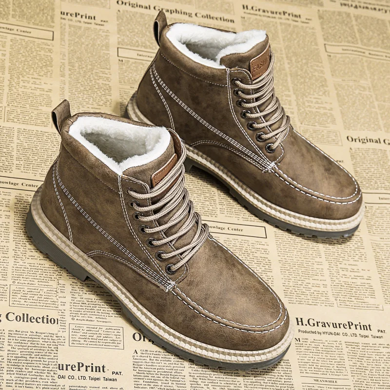 

2021 Winter New Men's Casual High Top Boots Plus Velvet Keep Warm Men Shoes Fashion Short Boots Short Plush Men Sneaker