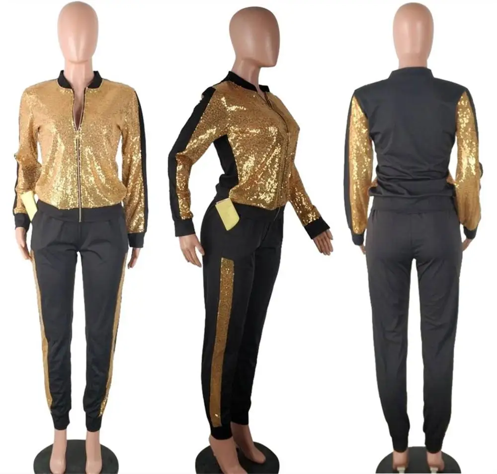 

2020 Europe autumn winter solid Sequin sports suit fashion slim V-neck zipper long sleeve coat and pants women's two-piece set