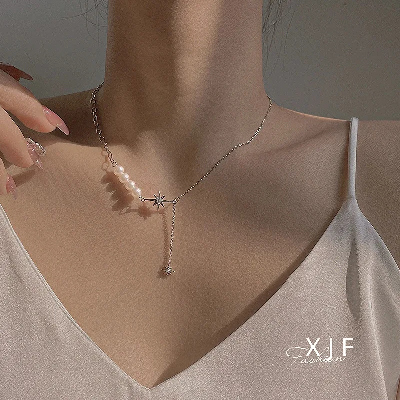 

FMILY Minimalist 925 Sterling Silver Tassel Star Pearl Necklace Fashion Temperament Elegant Clavicle Chain for Girlfriend Gift