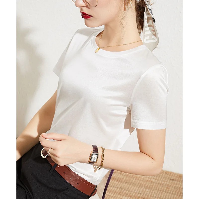 

Ediwallen 2021 Summer New Acetate Light Sensitive Bright Basic T-shirt Women's Mercerized Cotton Korean Women's Satin V-neck