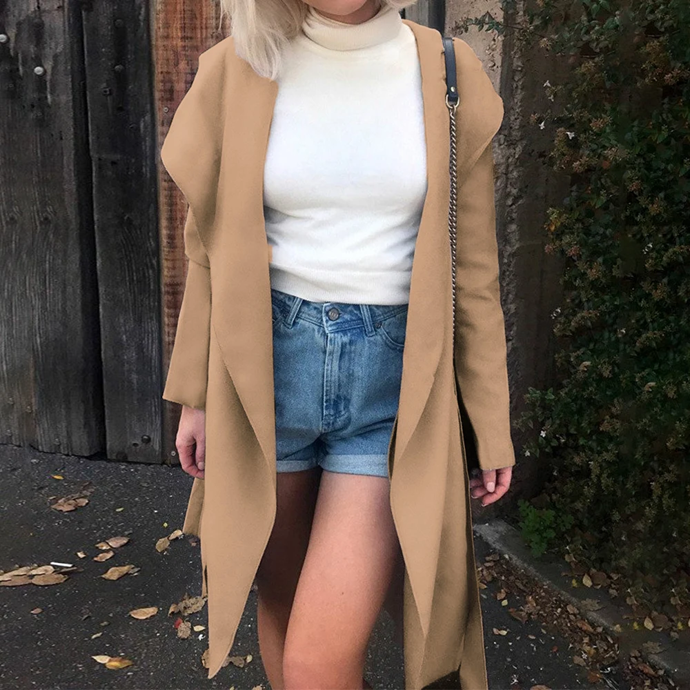 Осень зима с капюшоном воротник большой лацкане средней длины поясом Тренч