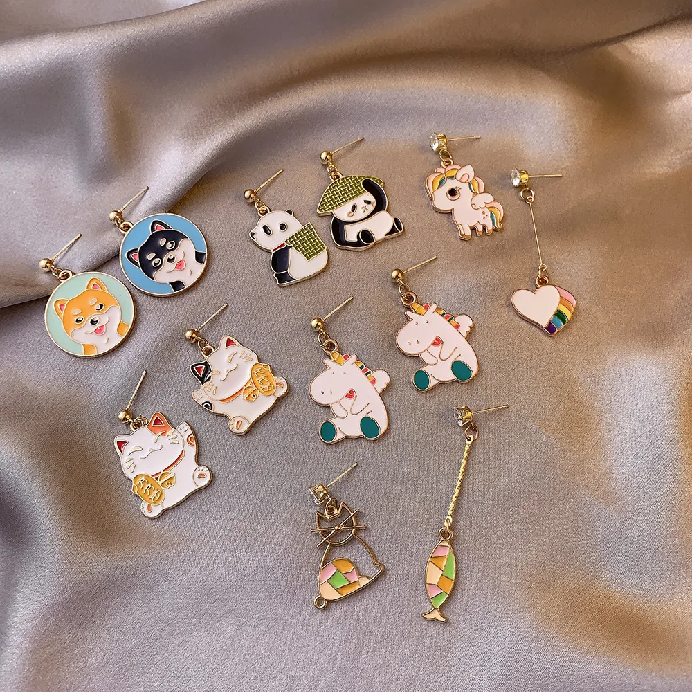 

Cute Cartoon Earrings for Women Panda Unicorn Cat Dog Colorful Animal Asymmetric Drop Earrings Fashion Trend Girl Gift New 2021