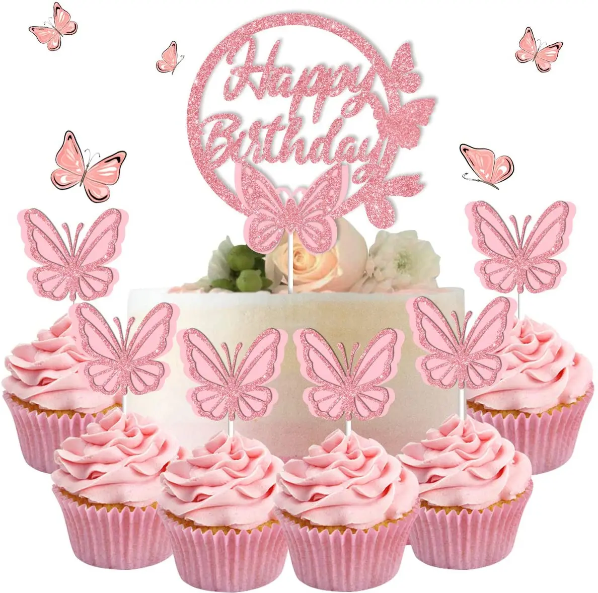 25 Pack Butterfly Happy Birthday Cake Toppers Pink Butterfly CupCake Toppers Picks for Girls Women Birthday Party Decoration