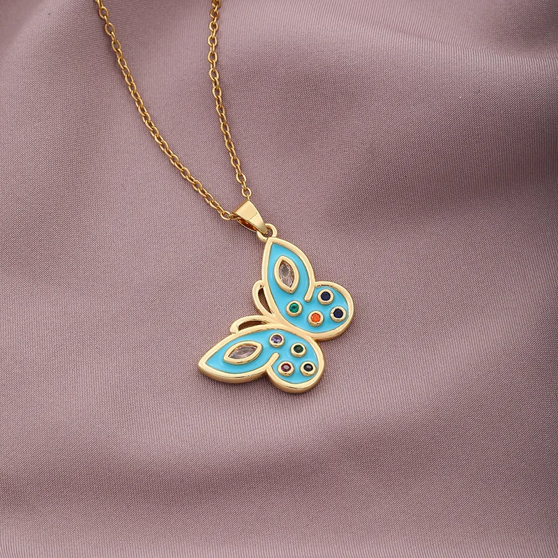 

Summer Women Suitable Size Vintage Insect Copper Green Colors Moissanite Butterfly Lover Kawaii Dainty Luxury Neck Chains