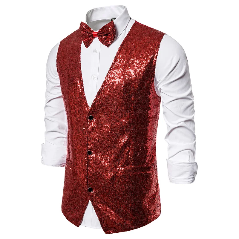 

Mens Shiny Sequins 2pc Vest Bowtie Set Nightclub Dress Suit Vest Men Slim Fit Tuxedo Waistcoat Men Stage Singer Prom Gilet Homme