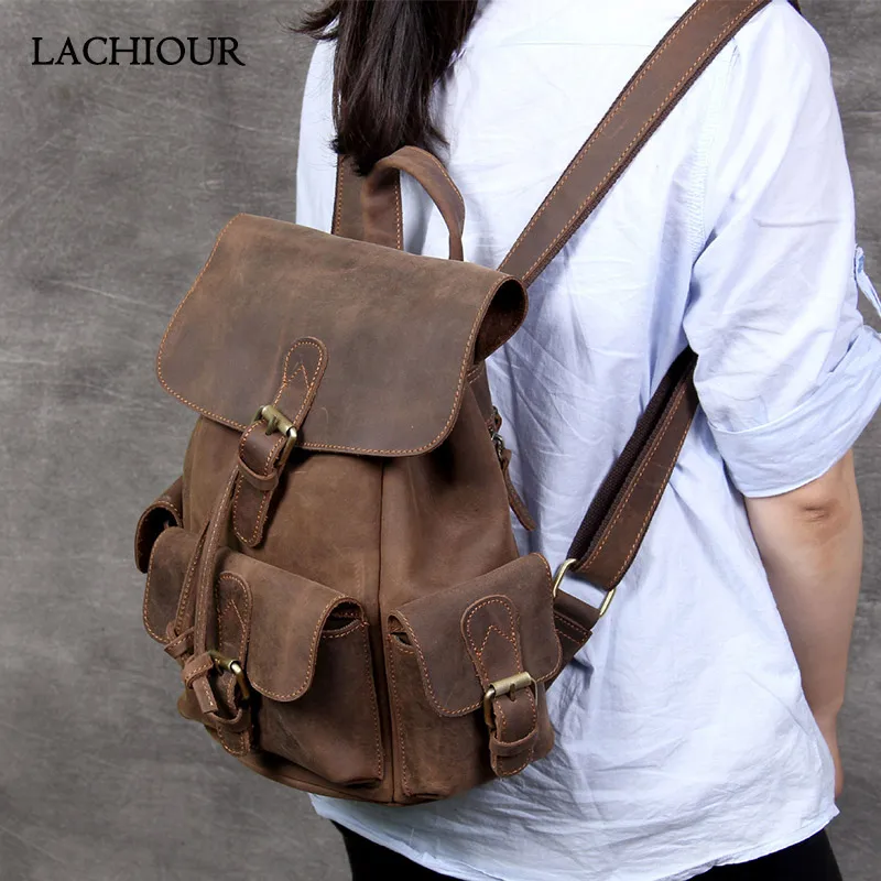 Women Crazy Horse Leather Backpack Unisex Vintage Natural Leather School Bag Large Travel Women Rucksack Men Travel Satchel Bag