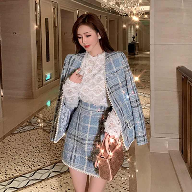 Women Tweed Suit Female 2022 Autumn Winter New Casual High Street Noblewoman Clothes Sequin Plaid  Skirt Sets Office Lady Wear