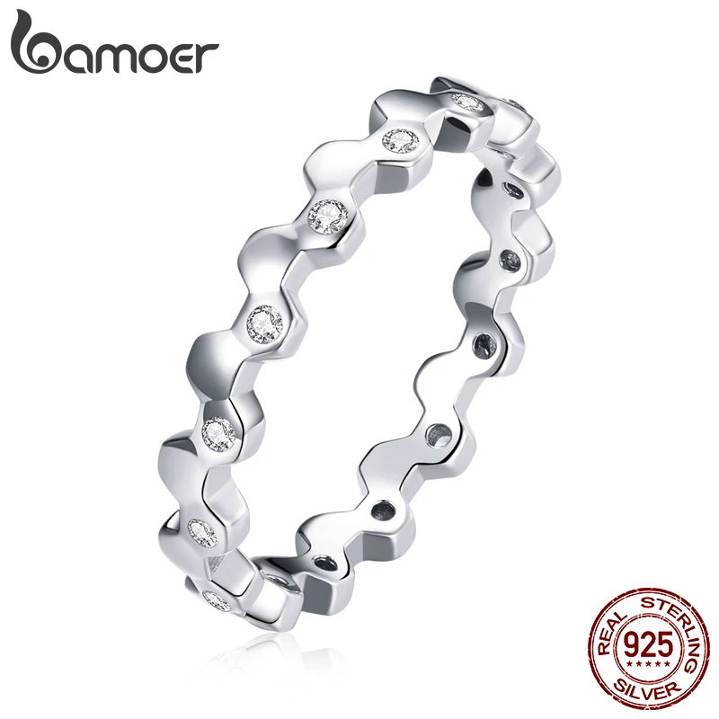 

bamoer Silver Honeycomb Ring 925 Sterling Silver Simple Shining CZ Stackable Finger Rings for Women Statement Jewelry BSR166