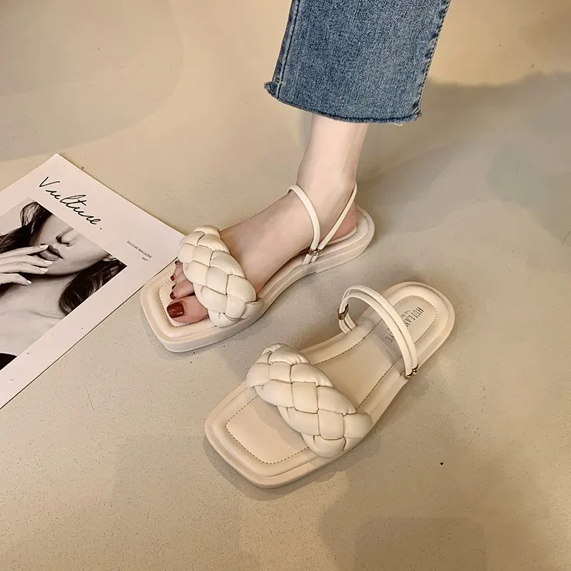 

Female Shoes Ladies' Slippers Luxury Slides Square Toe Low 2021 Designer Flat Basic PU Scandals Rubber Rome Fashion Square Toe S