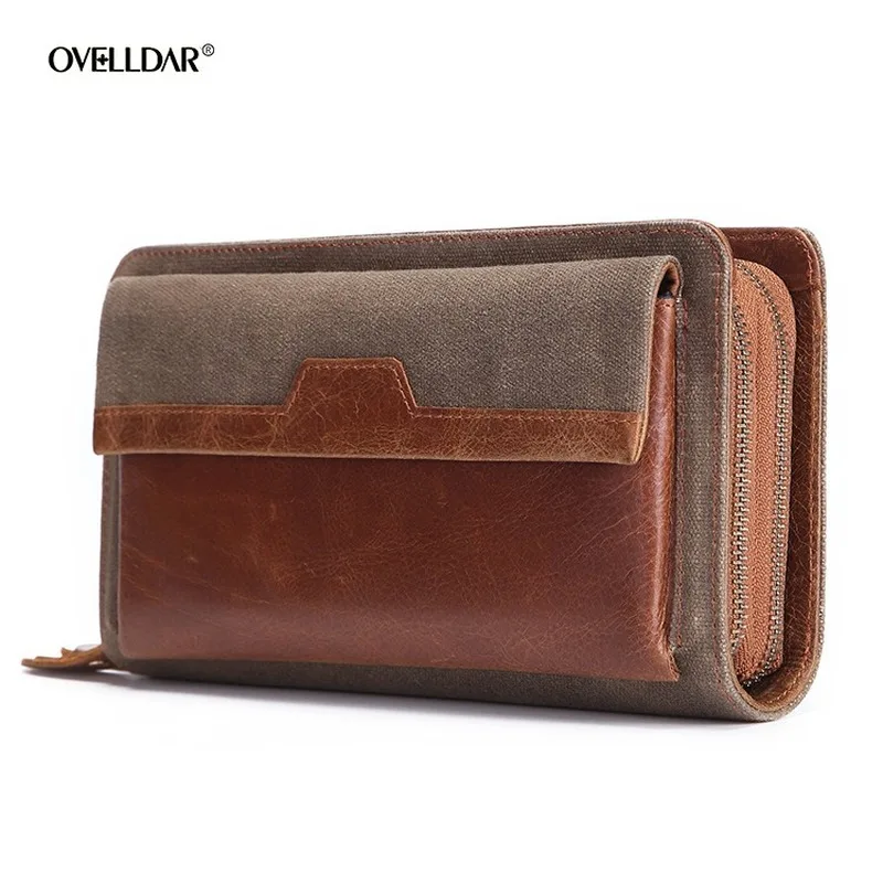 Men's Waterproof Oil Wax Zipper Bag Long Leather Top Layer Cow Clutch Bag Multifunctional Clutch Large Capacity