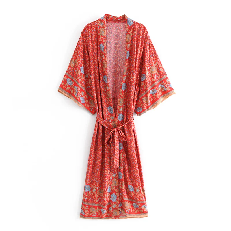 Женское винтажное богемное кимоно с цветочным принтом поясом V образным вырезом