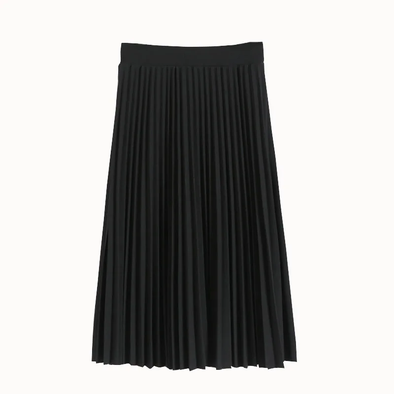 

Spring Summer Fashion Women Skirt 2021 Elastic High Waist Solid Half Length Pleated Skirts Ladies Black Pink Midi Skirt