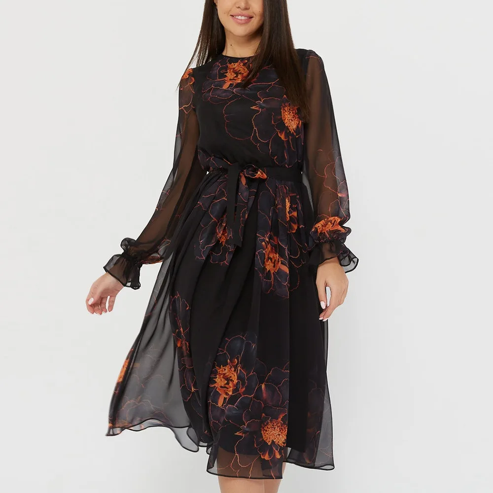

Modern Floral Print Balck Long Sleeve Dress Vintage See Through Ladies Frocks for Women Casual Empire Mid-calf Bandage Dresses
