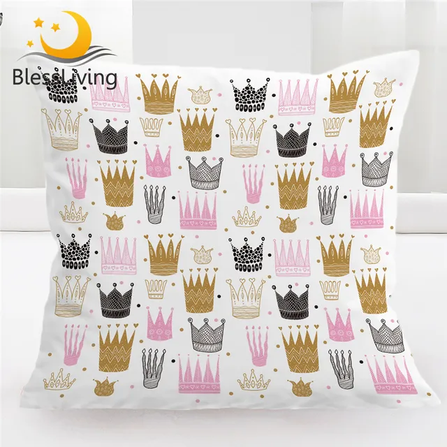 BlessLiving Princess Crown Cushion Cover Pink Decorative Pillow Case Girly Throw Pillow Cover for Sofa Bed Cartoon Kussenhoes 1