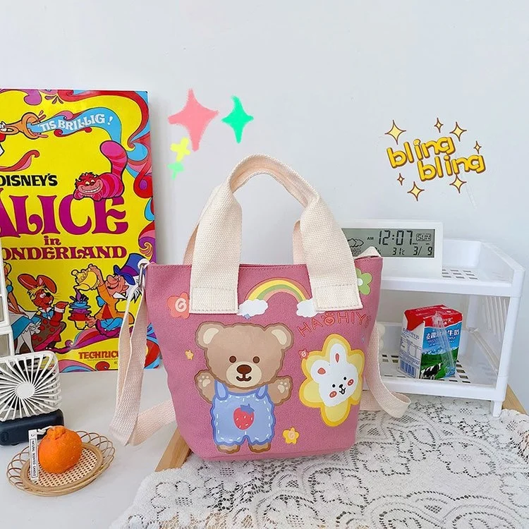 

Summer cute little bag ancient style cute color printed bear soft girl student Canvas Shoulder Bag
