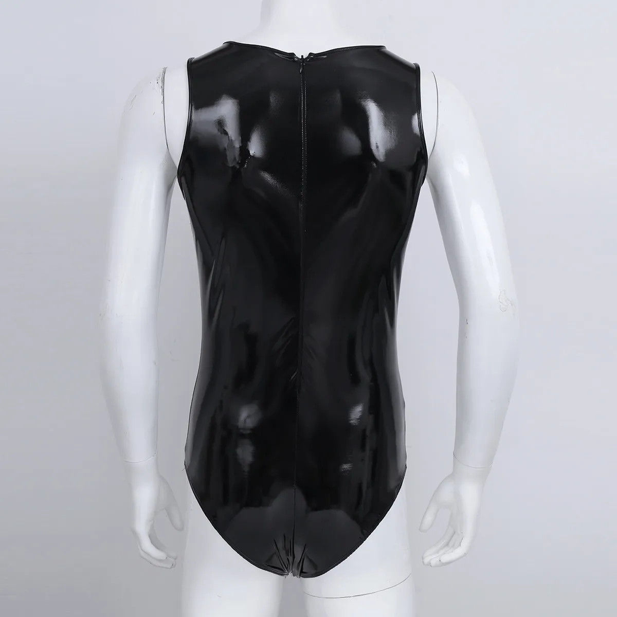 Мужской латексный боди сексуальный клубный костюм Wetlook из искусственной кожи Цельный купальник без рукавов на спине с комбинезон на молнии комбинезон