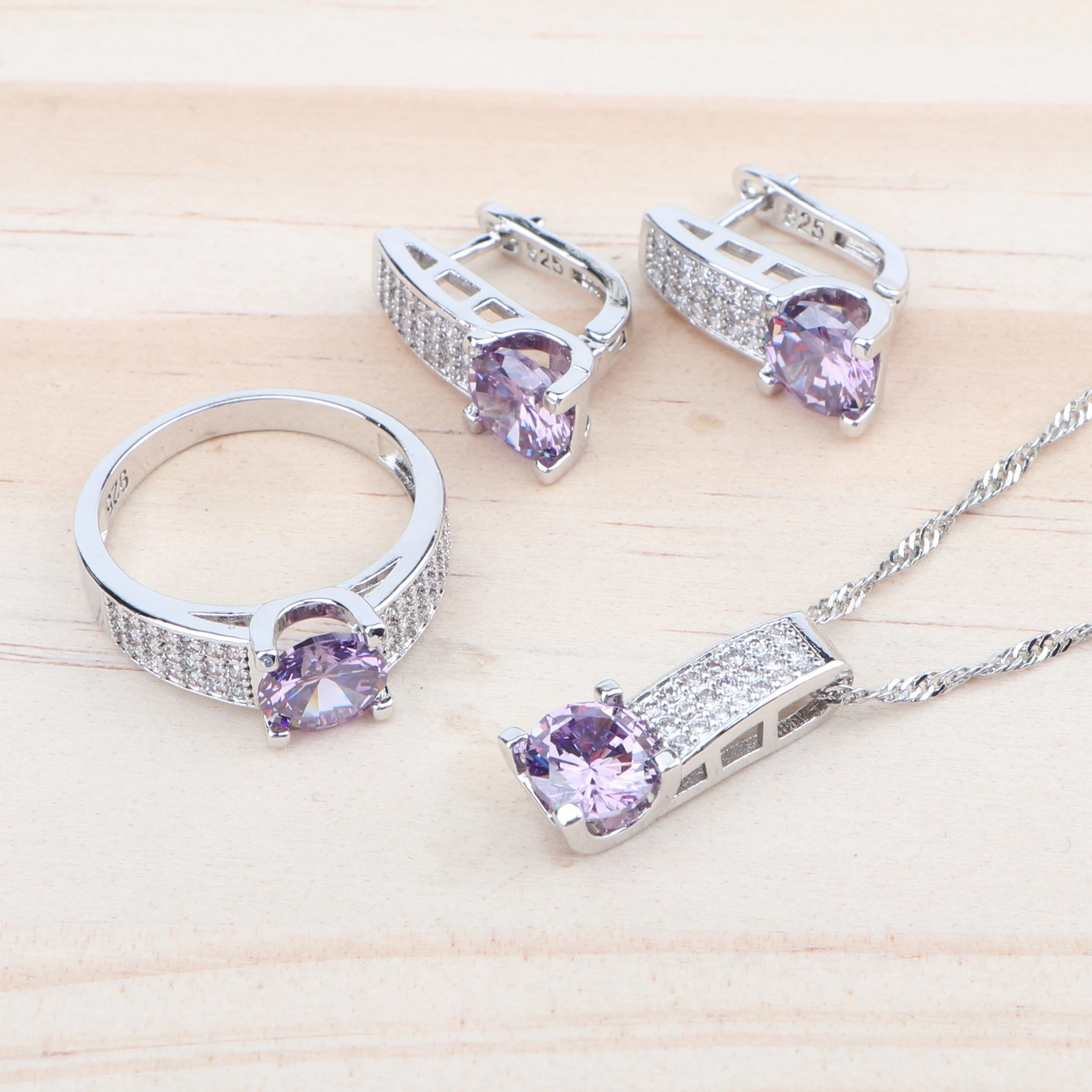 Женский комплект ювелирных изделий из серебра 925 пробы с фиолетовым кубическим