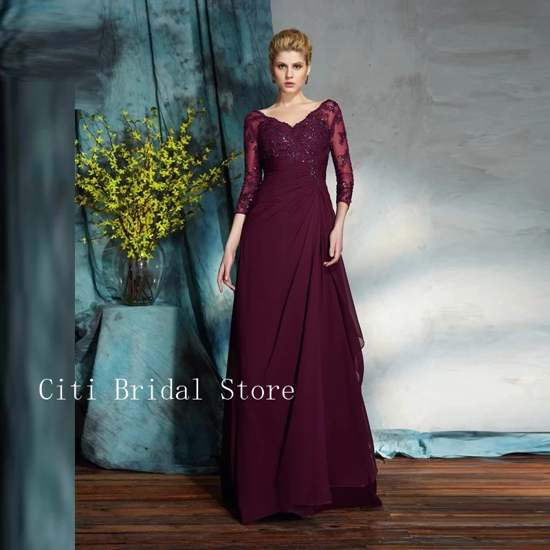 

Wedding Party Guest Full Length Chiffon Appliqued Burgundy Dress Dress For Wedding Mother Bride Big Size robe mere mariee