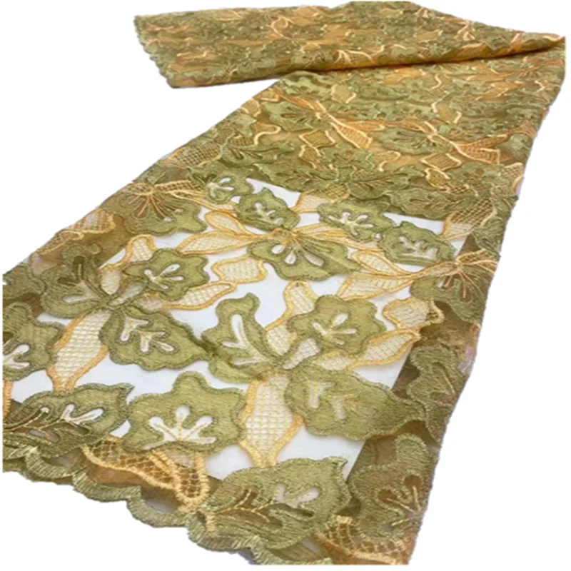 

New design oil green quality African lace wholesale 5 yards swiss voile lace fabric for sew Nigerian wedding dress FC119