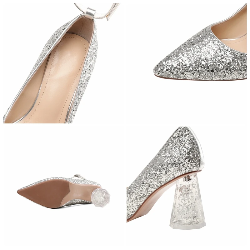 

ORCHALISA Women New 2021 Pumps Pointed Toe 7.5cm Block Heels Genuine Leather Buckle Bling Stylish Big Size 43 Wedding A3666