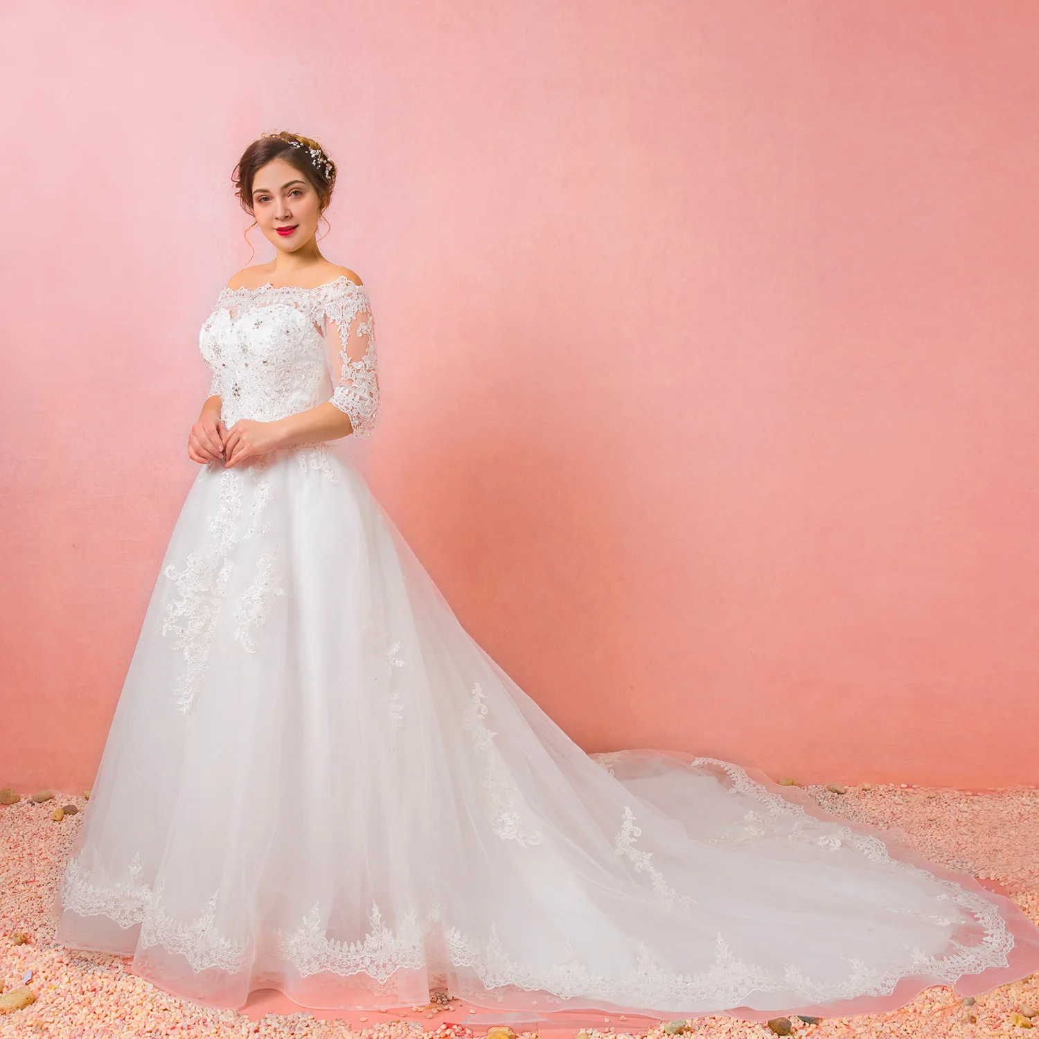 Свадебные платья длина до пола Милая А-силуэт llusion Аппликации спинки собора Поезд